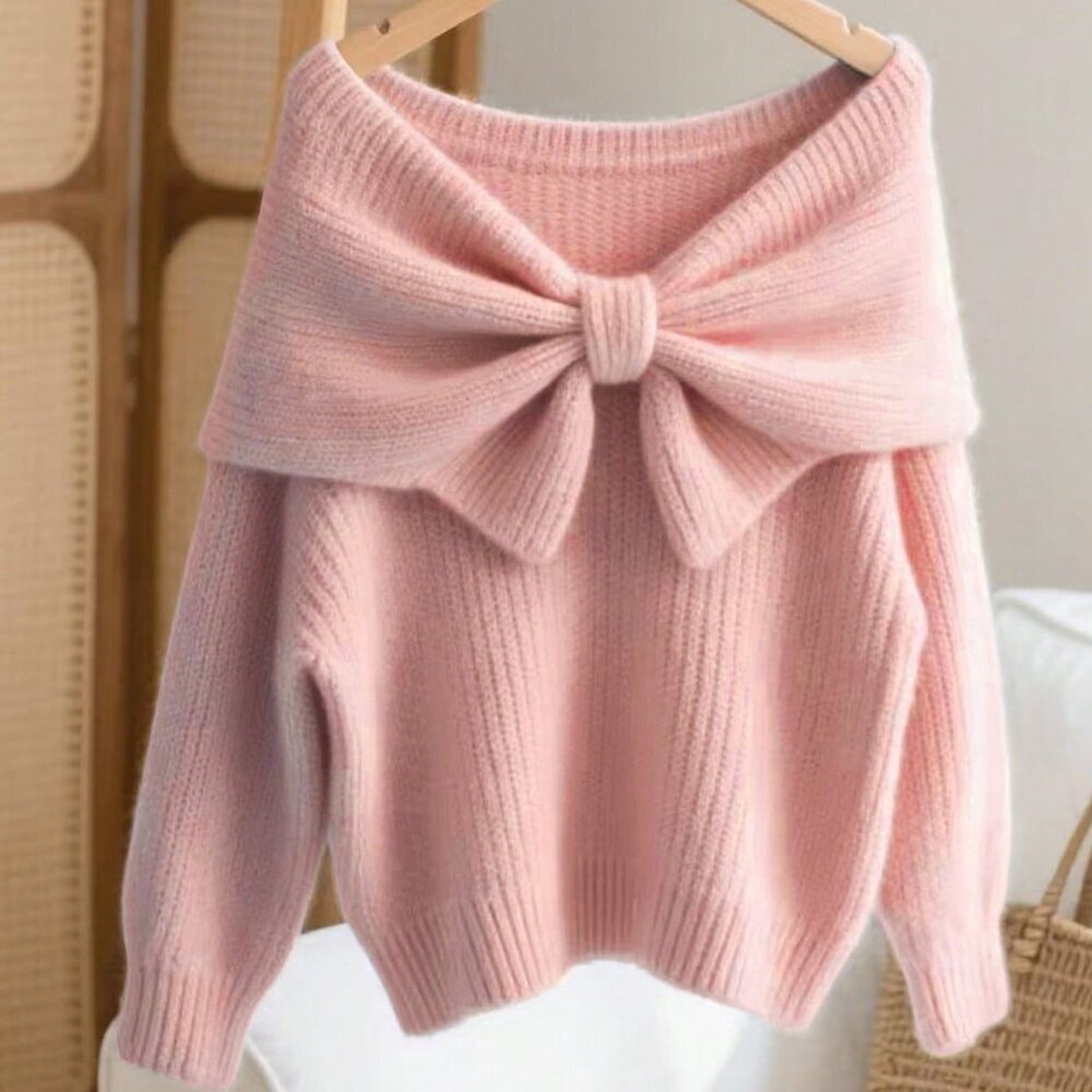Pink Casual Women's Bow Crew Neck Long Sleeve Chunky Knit Sweater